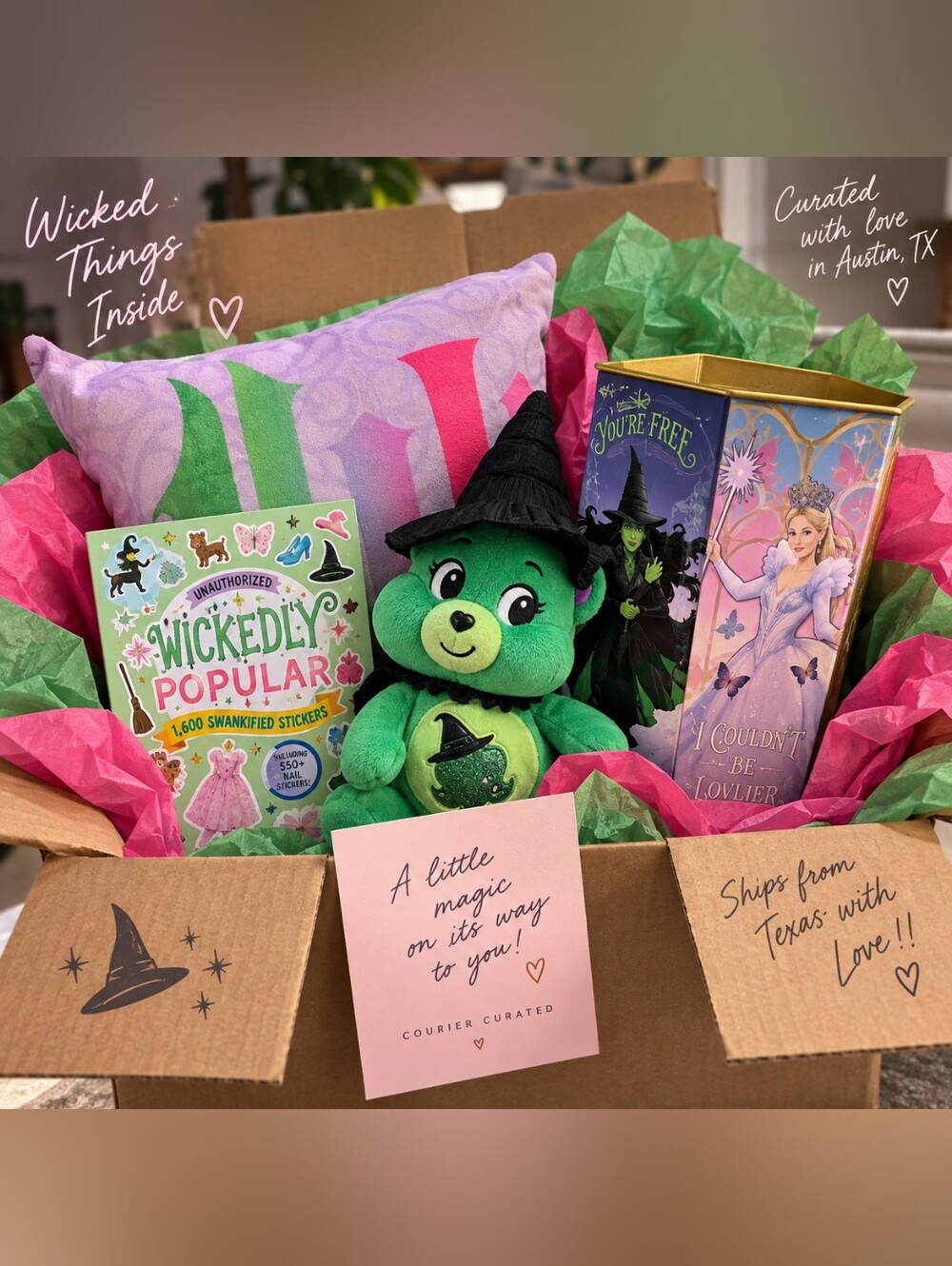 Wicked For Good Movie Gift Bundle Care Bears Plush Popcorn Bucket Pillow🩷💚